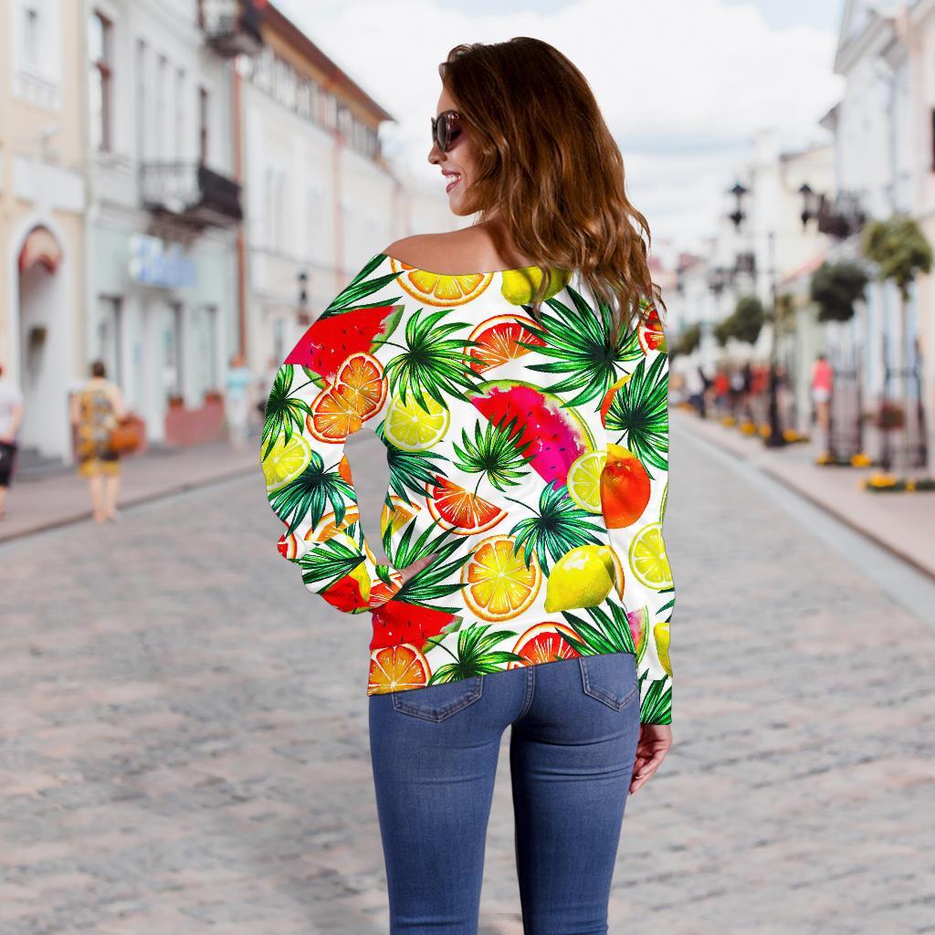 Tropical Fruit Leaf Pattern Print Off Shoulder Sweatshirt GearFrost