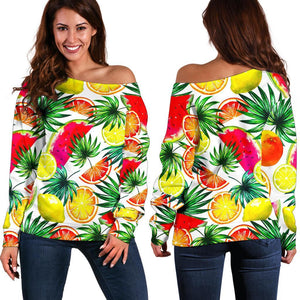 Tropical Fruit Leaf Pattern Print Off Shoulder Sweatshirt GearFrost