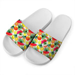 Tropical Fruit Leaf Pattern Print White Slide Sandals
