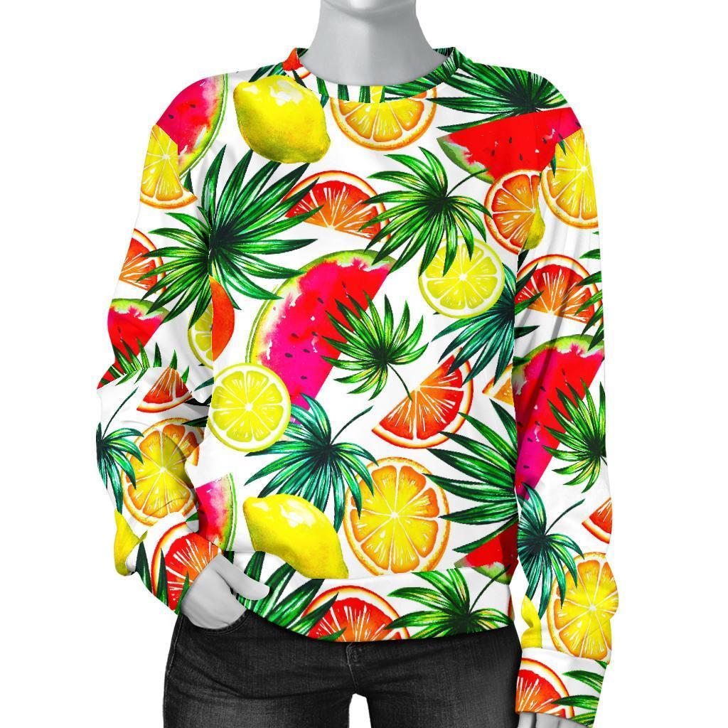 Tropical Fruit Leaf Pattern Print Women's Crewneck Sweatshirt GearFrost