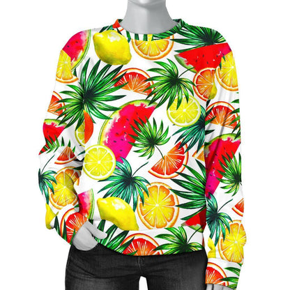 Tropical Fruit Leaf Pattern Print Women's Crewneck Sweatshirt GearFrost