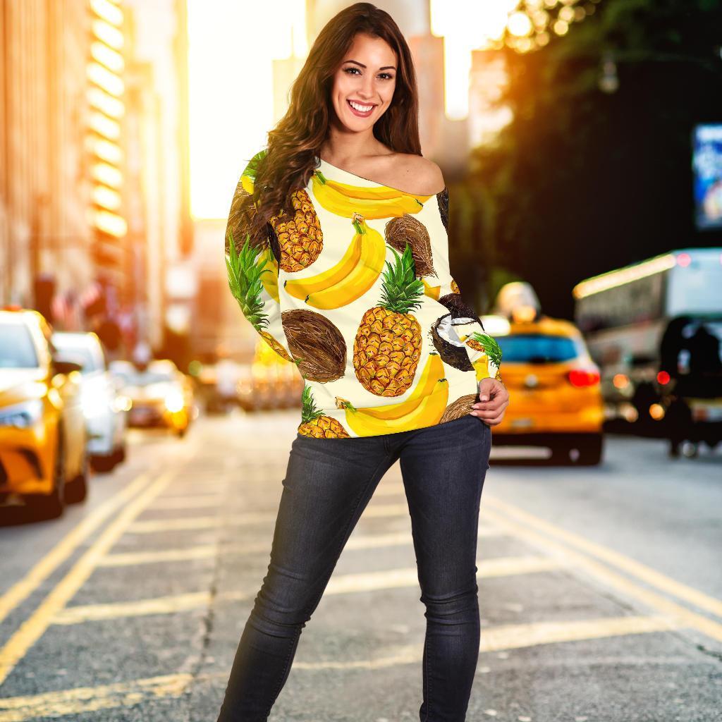 Tropical Fruits Pattern Print Off Shoulder Sweatshirt GearFrost