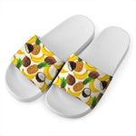 Tropical Fruits Pattern Print White Slide Sandals