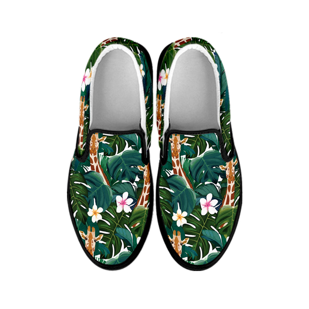 Tropical Giraffe Pattern Print Black Slip On Shoes
