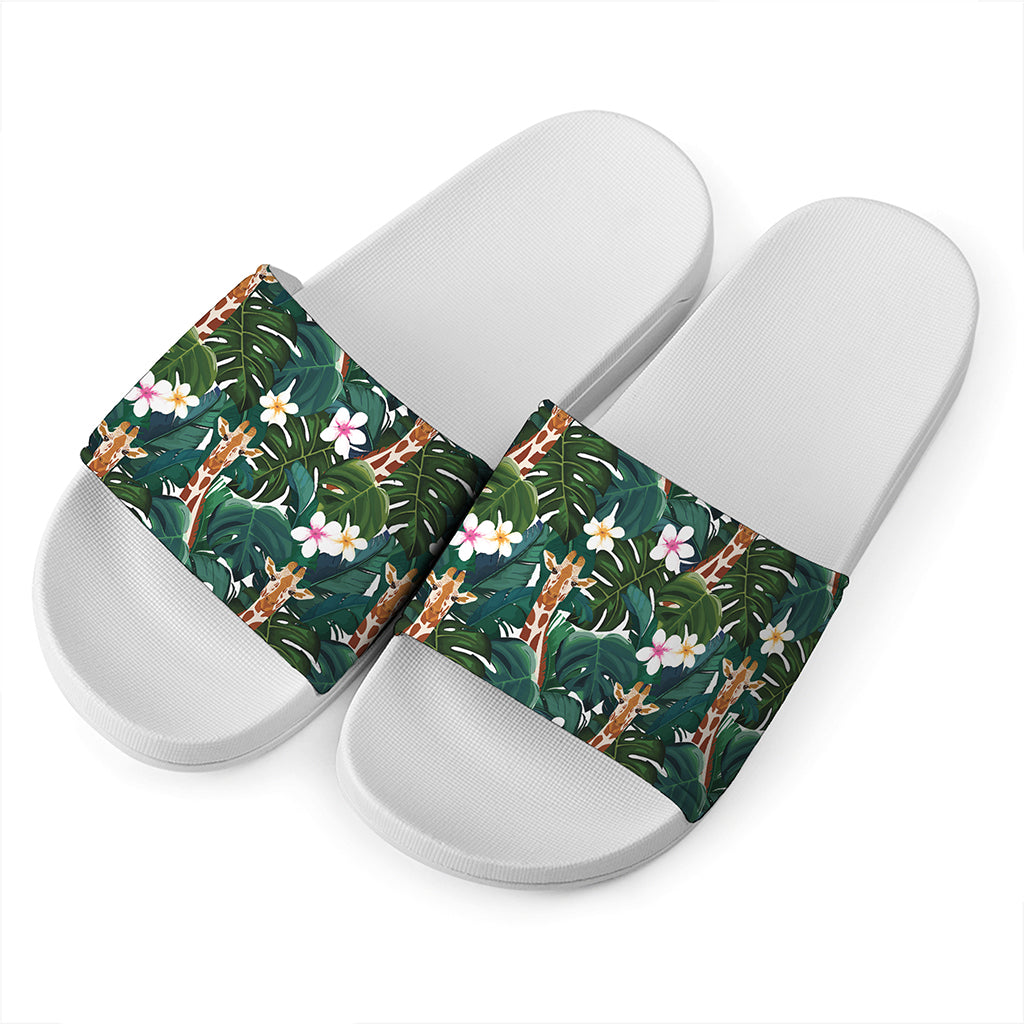 Tropical Giraffe Pattern Print White Slide Sandals