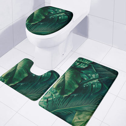 Tropical Green Leaves Print 3 Piece Bath Mat Set