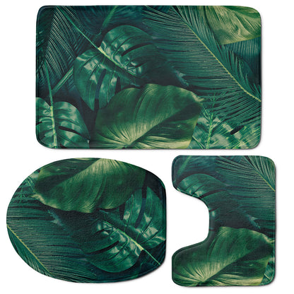 Tropical Green Leaves Print 3 Piece Bath Mat Set