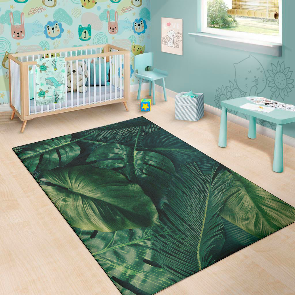 Tropical Green Leaves Print Area Rug
