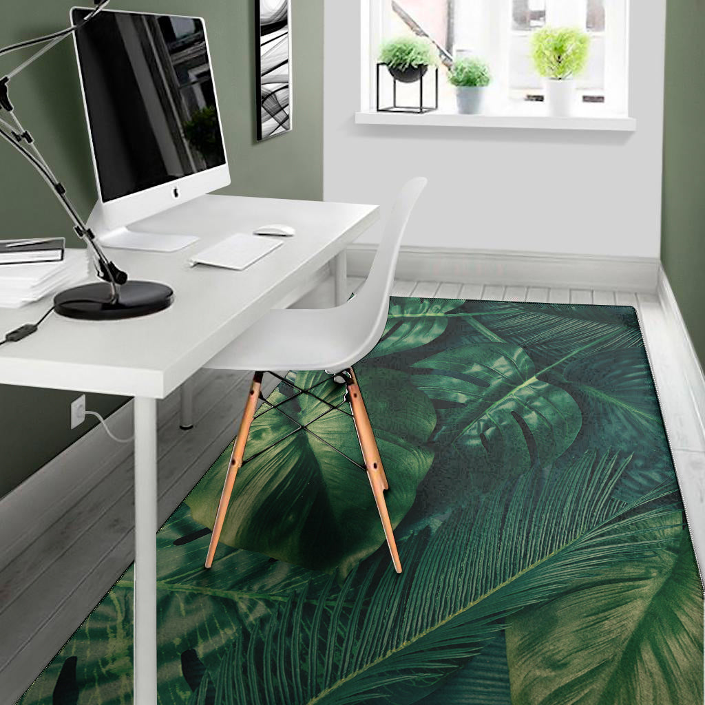 Tropical Green Leaves Print Area Rug