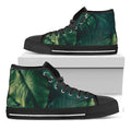 Tropical Green Leaves Print Black High Top Sneakers