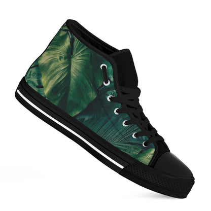 Tropical Green Leaves Print Black High Top Shoes