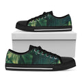 Tropical Green Leaves Print Black Low Top Sneakers