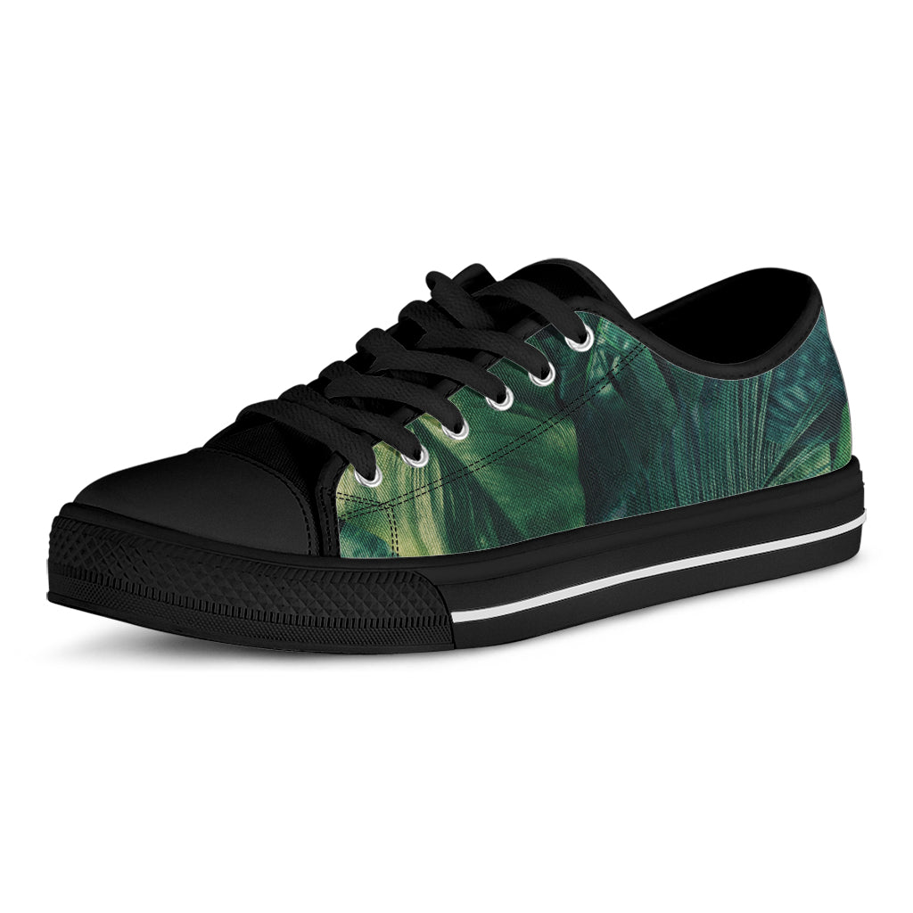 Tropical Green Leaves Print Black Low Top Shoes