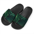 Tropical Green Leaves Print Black Slide Sandals