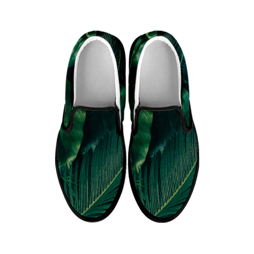 Tropical Green Leaves Print Black Slip On Shoes