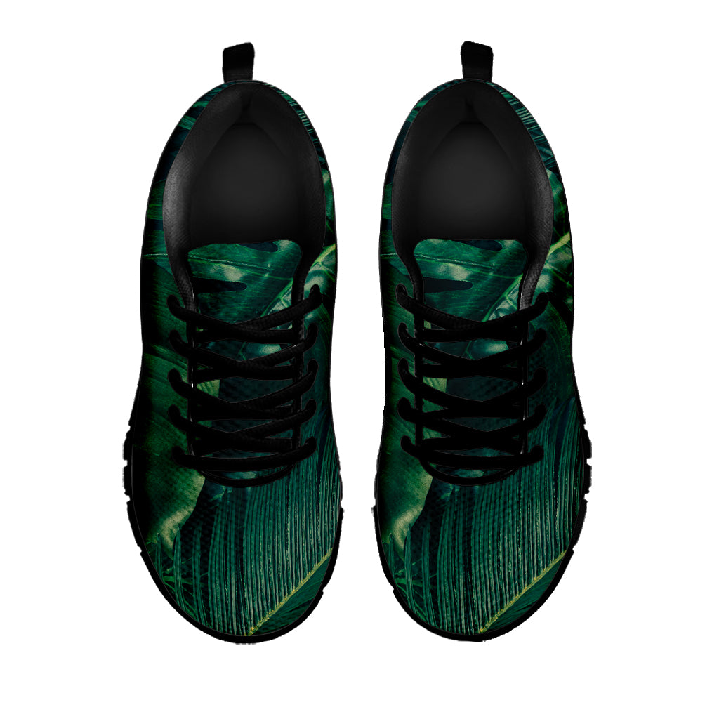 Tropical Green Leaves Print Black Sneakers