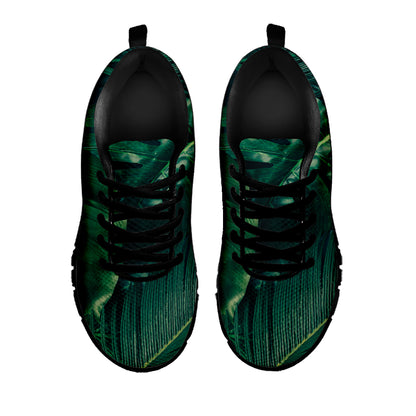 Tropical Green Leaves Print Black Sneakers