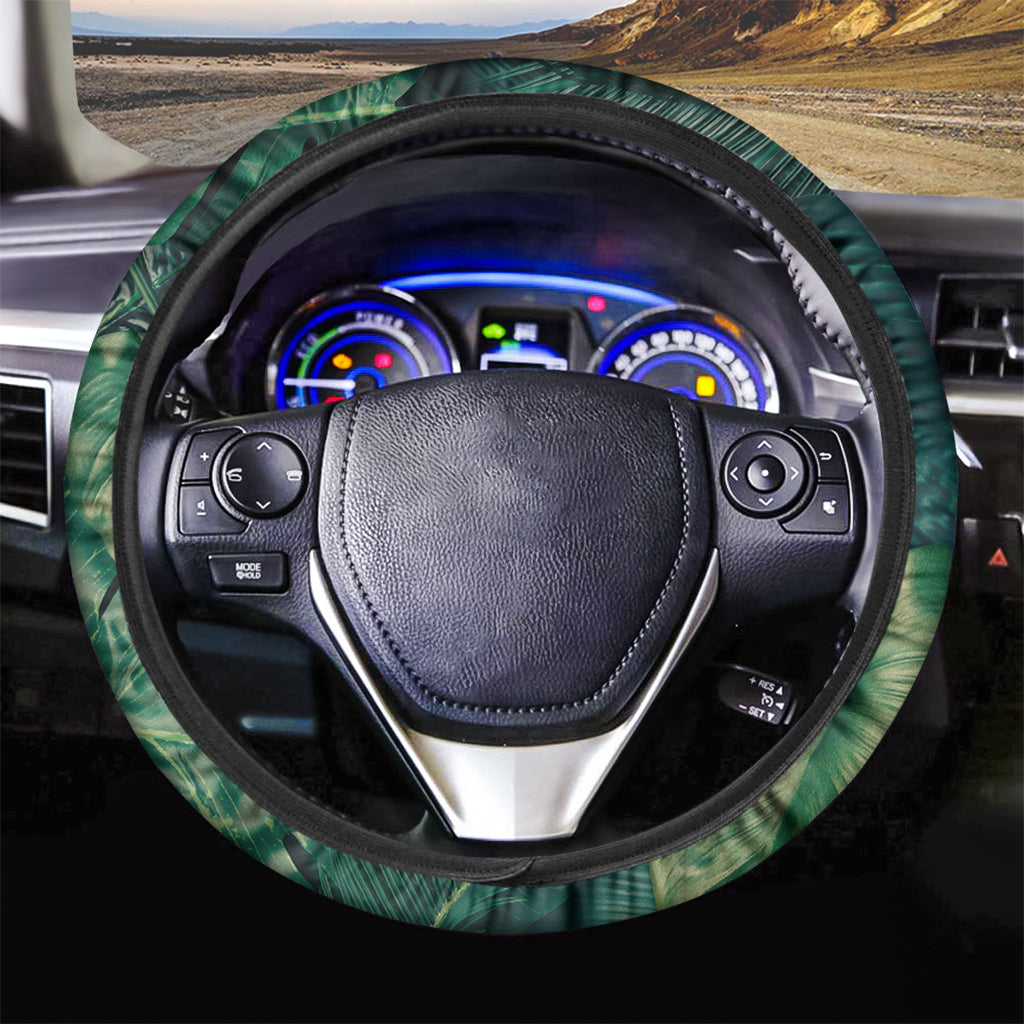 Tropical Green Leaves Print Car Steering Wheel Cover