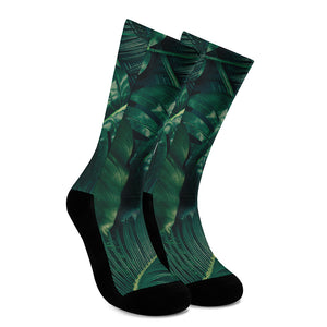 Tropical Green Leaves Print Crew Socks