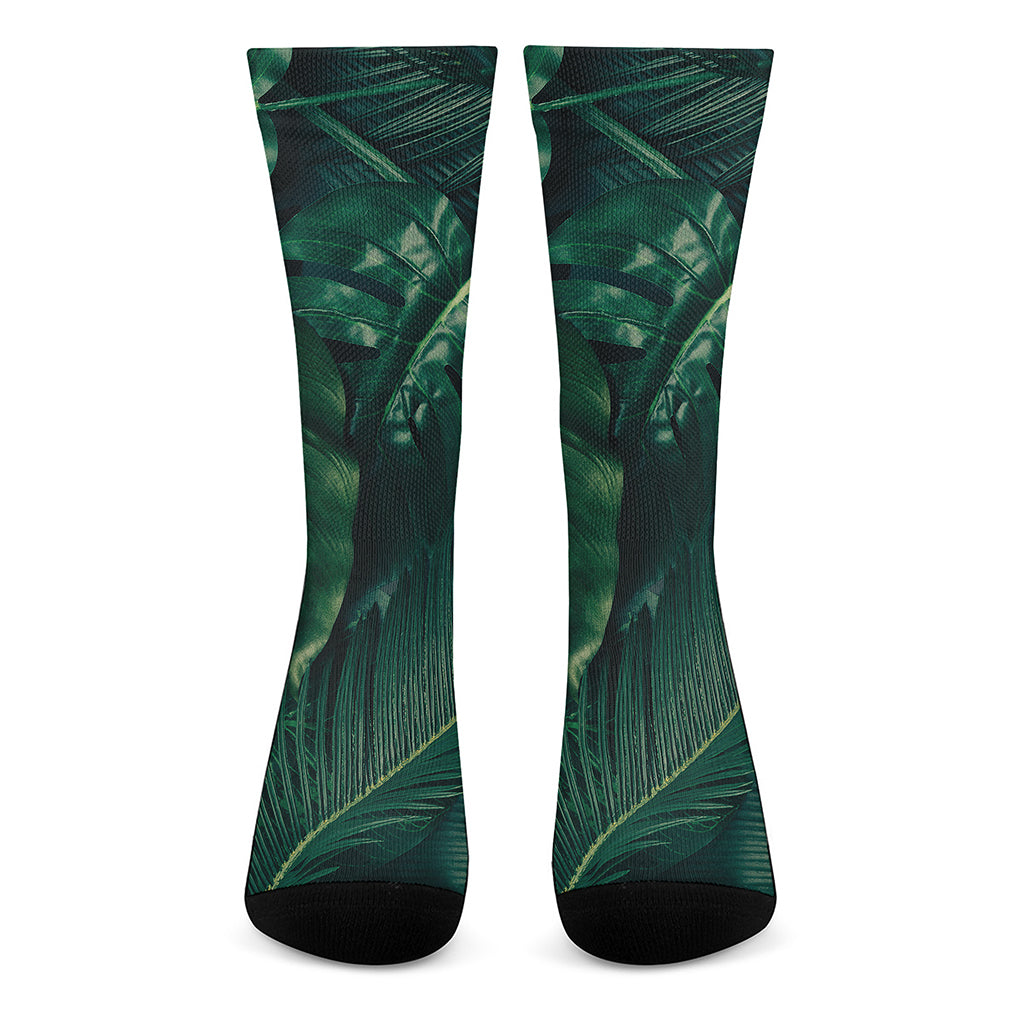 Tropical Green Leaves Print Crew Socks