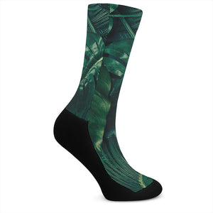 Tropical Green Leaves Print Crew Socks