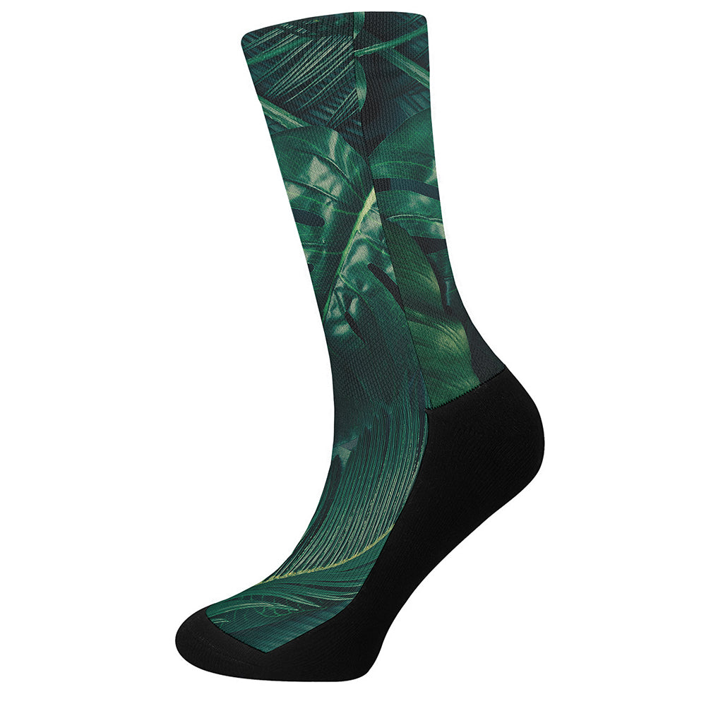 Tropical Green Leaves Print Crew Socks