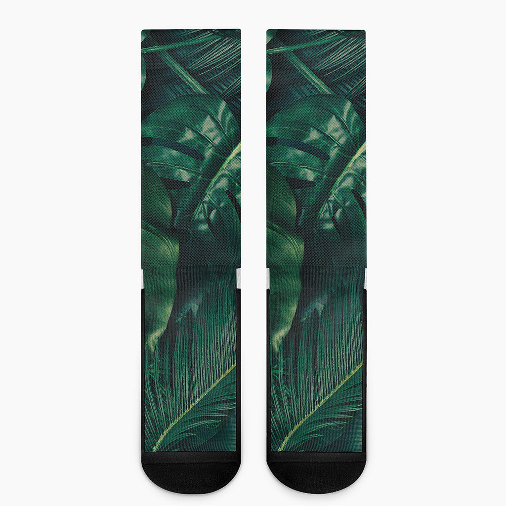 Tropical Green Leaves Print Crew Socks