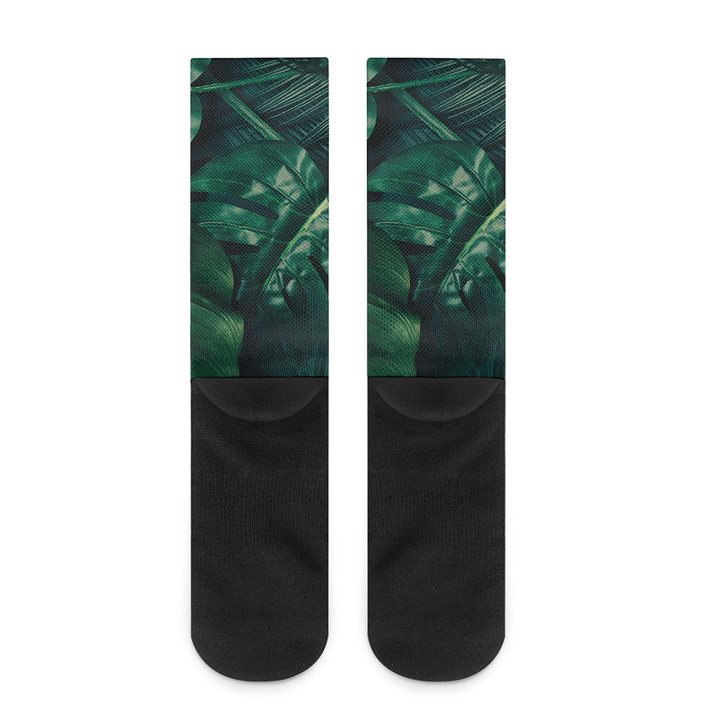 Tropical Green Leaves Print Crew Socks