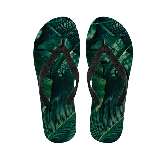 Tropical Green Leaves Print Flip Flops