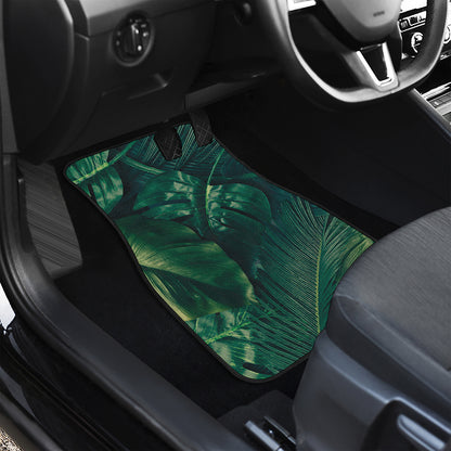 Tropical Green Leaves Print Front and Back Car Floor Mats
