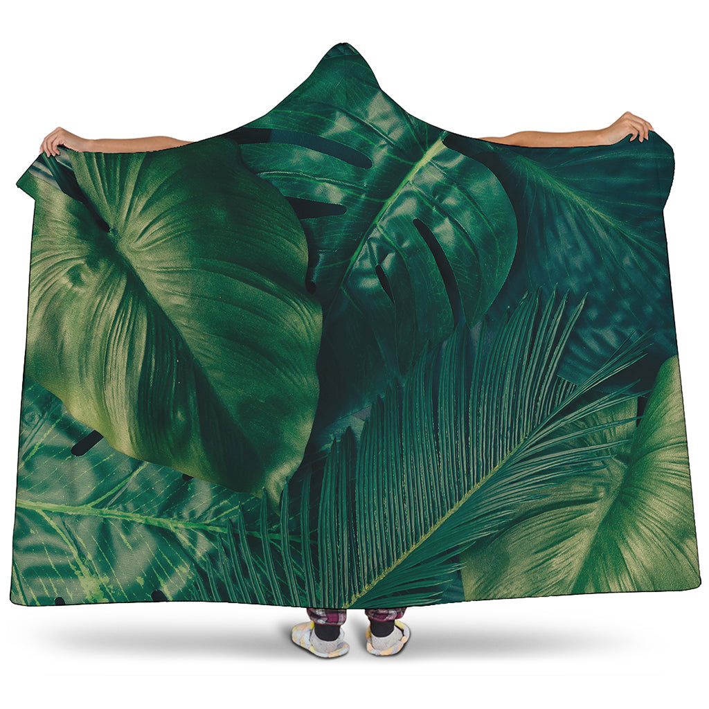 Tropical Green Leaves Print Hooded Blanket