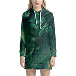 Tropical Green Leaves Print Hoodie Dress