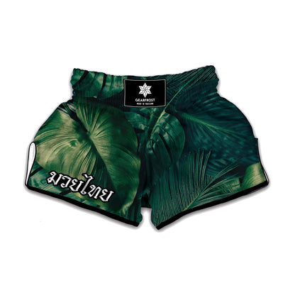 Tropical Green Leaves Print Muay Thai Boxing Shorts