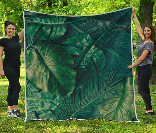 Tropical Green Leaves Print Quilt
