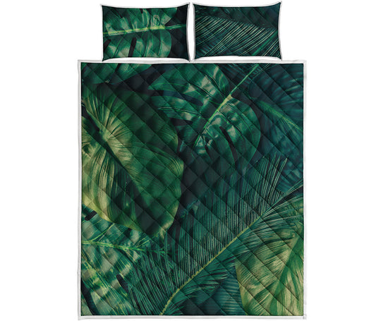 Tropical Green Leaves Print Quilt Bed Set