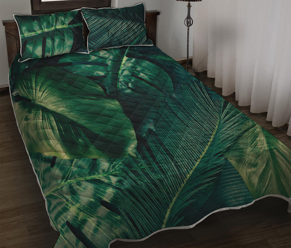 Tropical Green Leaves Print Quilt Bed Set