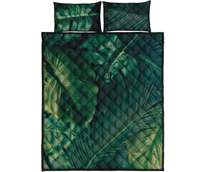 Tropical Green Leaves Print Quilt Bed Set
