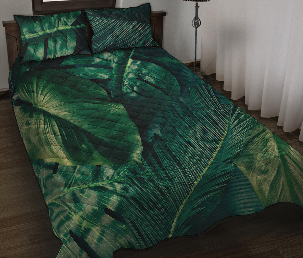 Tropical Green Leaves Print Quilt Bed Set
