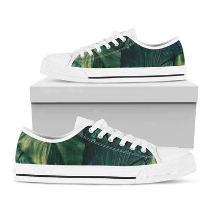 Tropical Green Leaves Print White Low Top Shoes