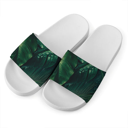 Tropical Green Leaves Print White Slide Sandals