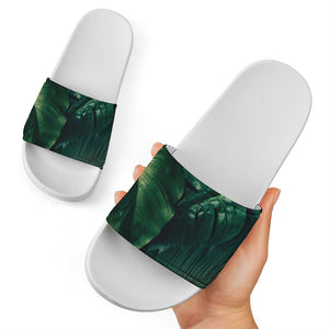 Tropical Green Leaves Print White Slide Sandals