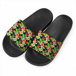 Tropical Hawaii Flowers Pattern Print Black Slide Sandals