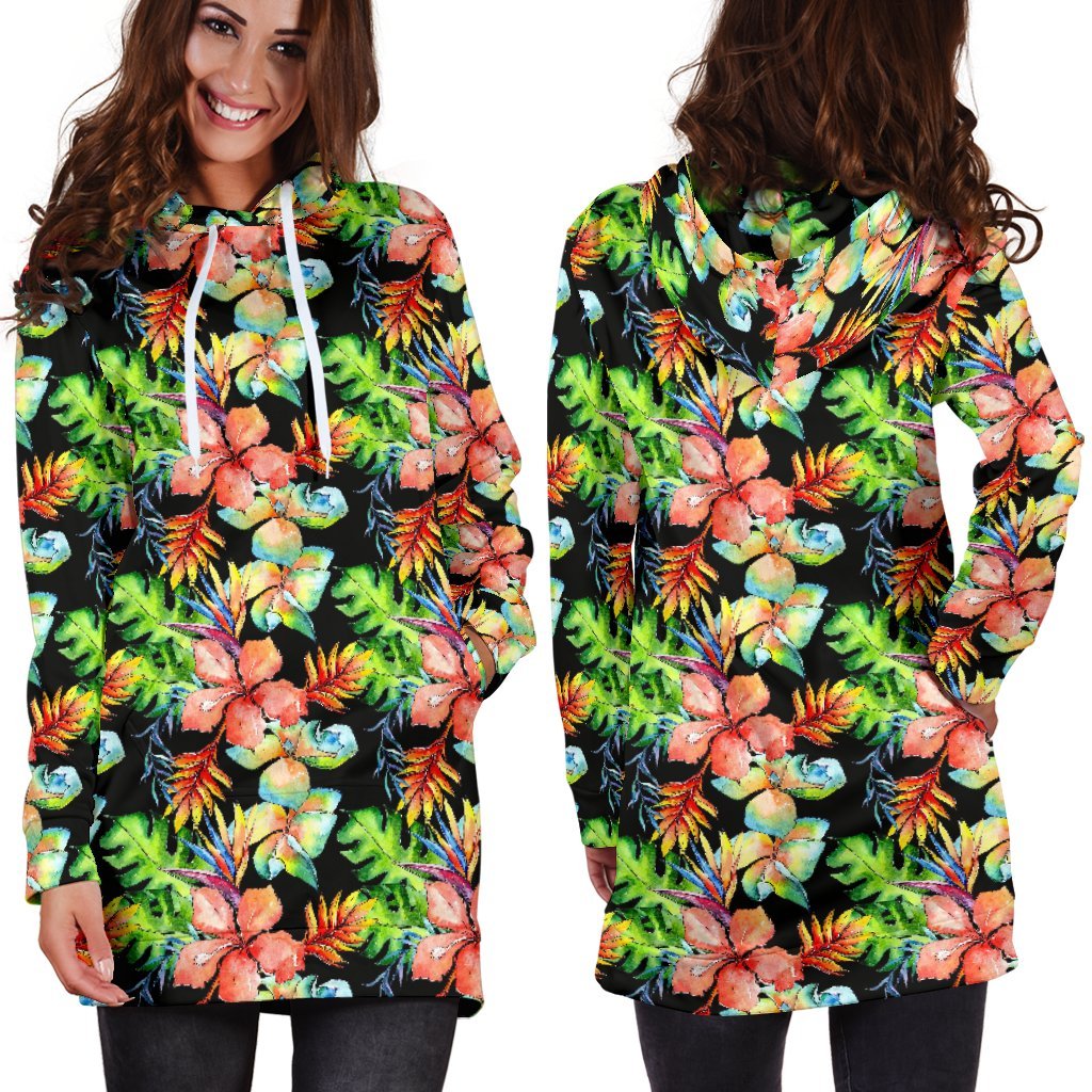Tropical Hawaii Flowers Pattern Print Hoodie Dress GearFrost