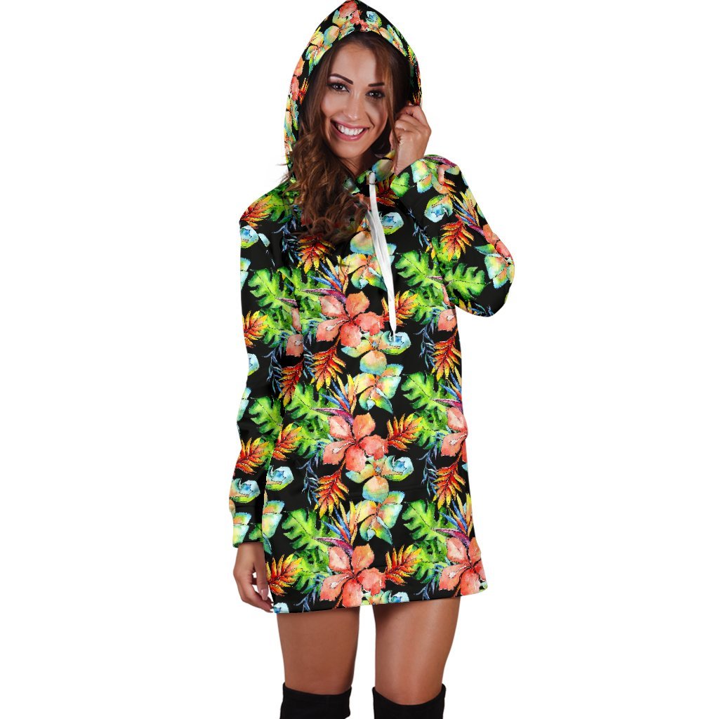 Tropical Hawaii Flowers Pattern Print Hoodie Dress GearFrost