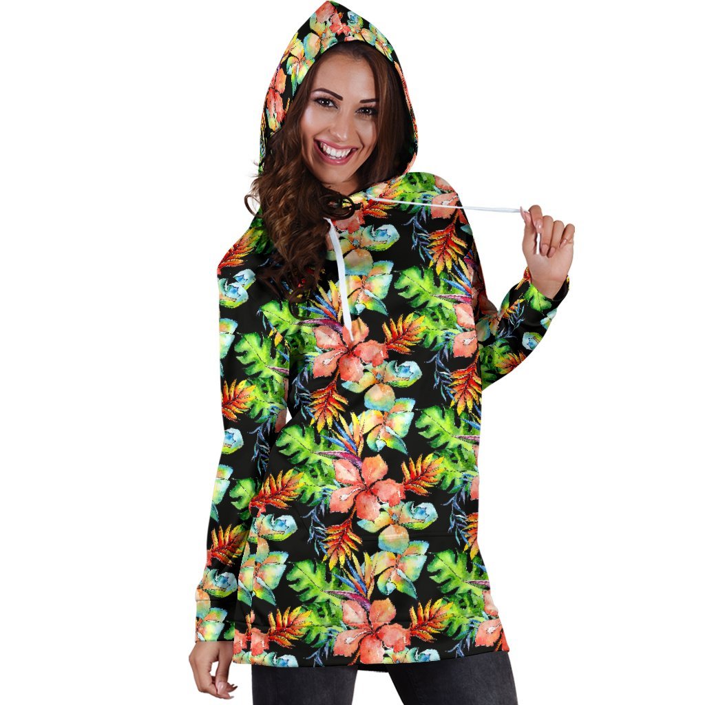 Tropical Hawaii Flowers Pattern Print Hoodie Dress GearFrost