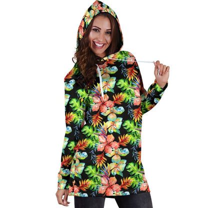 Tropical Hawaii Flowers Pattern Print Hoodie Dress GearFrost