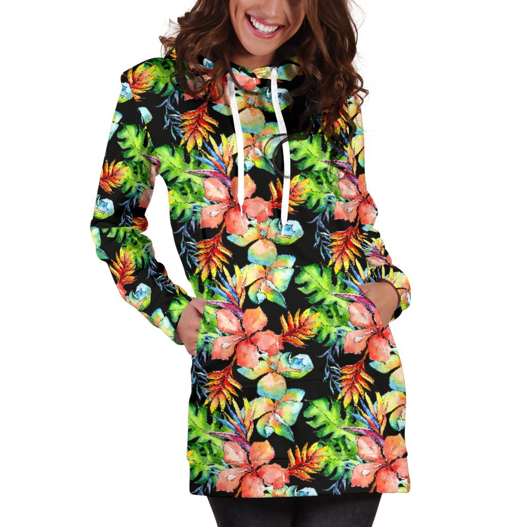 Tropical Hawaii Flowers Pattern Print Hoodie Dress GearFrost