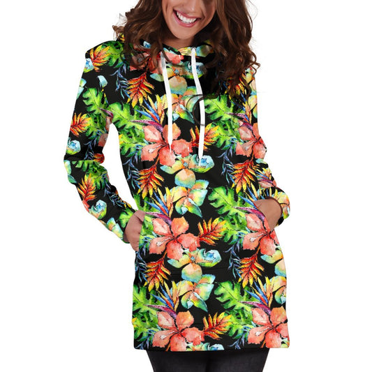 Tropical Hawaii Flowers Pattern Print Hoodie Dress GearFrost