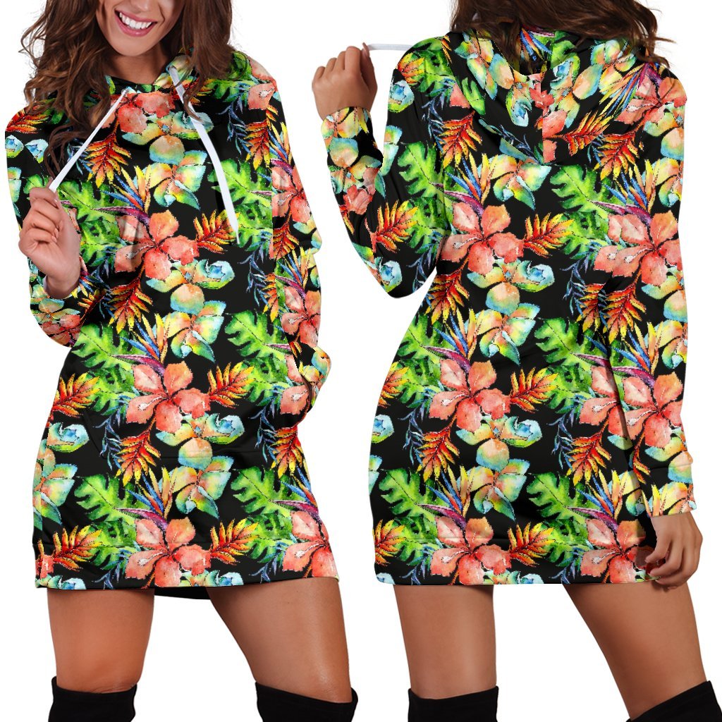 Tropical Hawaii Flowers Pattern Print Hoodie Dress GearFrost