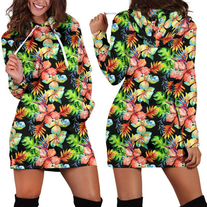 Tropical Hawaii Flowers Pattern Print Hoodie Dress GearFrost